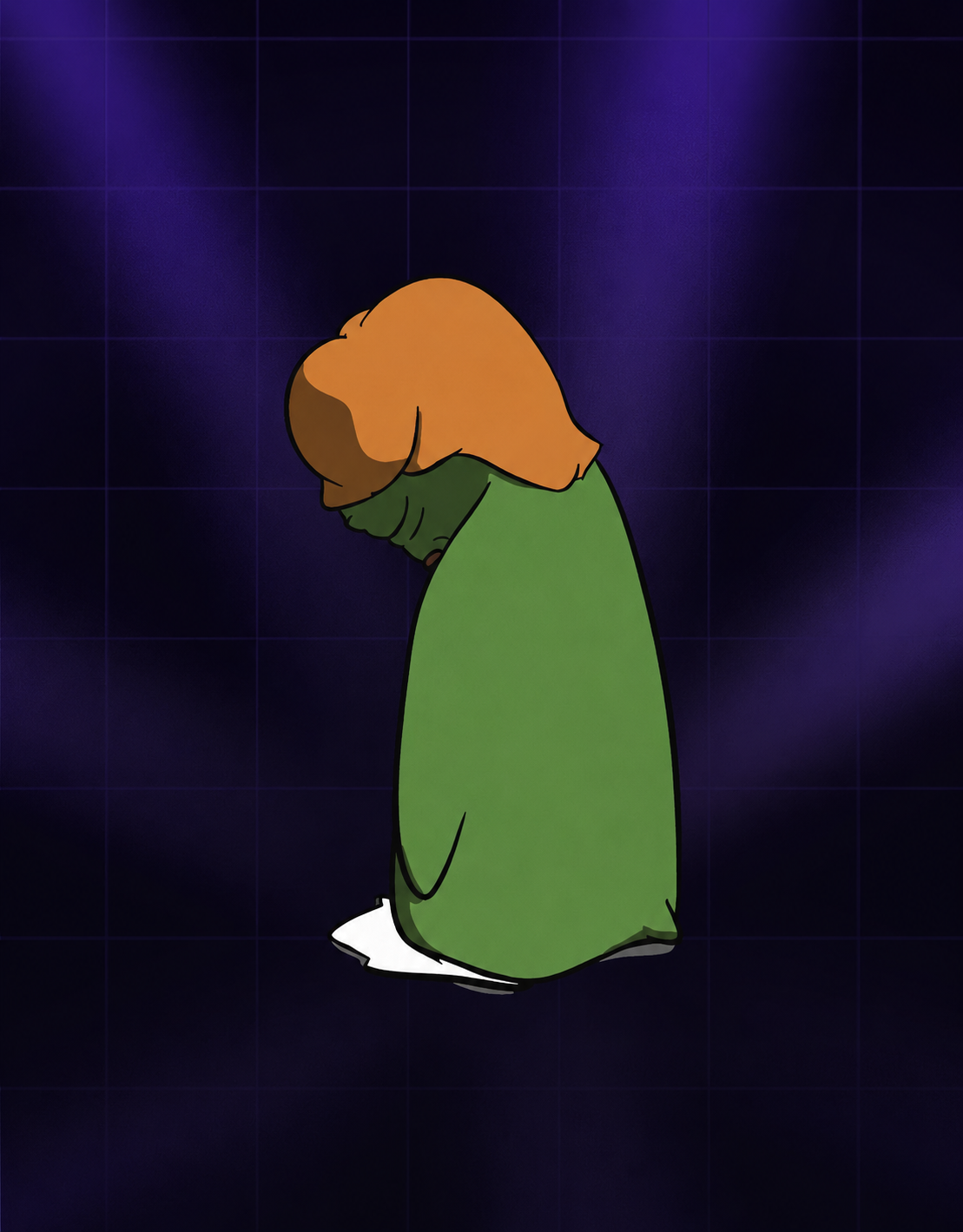 Sad bowed orange-haired character in a long green robe